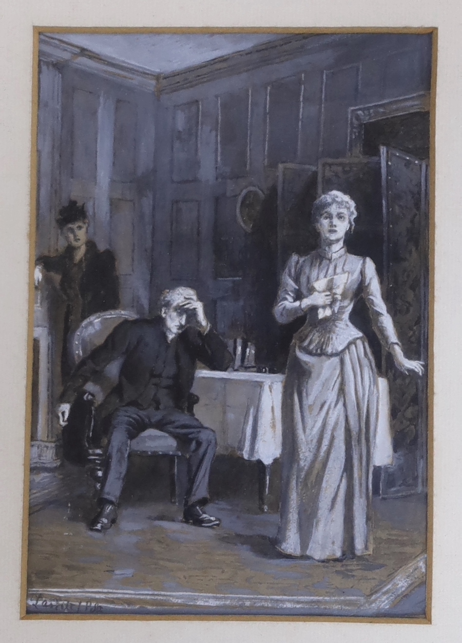 19th century English School, heightened monochrome watercolour, book illustration Three figures in an interior, indistinctly signed, 20 x13cm
